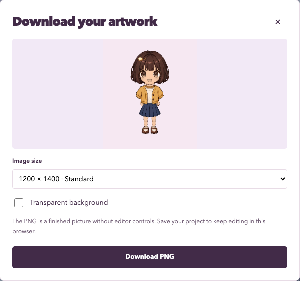 MiniMuse Fun download dialog with PNG size choices and the Transparent background option
