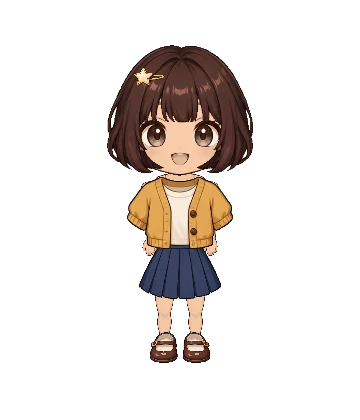 Muse, a brown-haired character in a golden cardigan and navy skirt